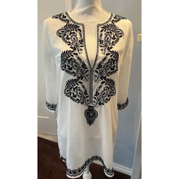 Antonio Melani Sheer Tunic Top/Beach Cover-Up Black Embroidery Size Small READ** - Picture 1 of 9